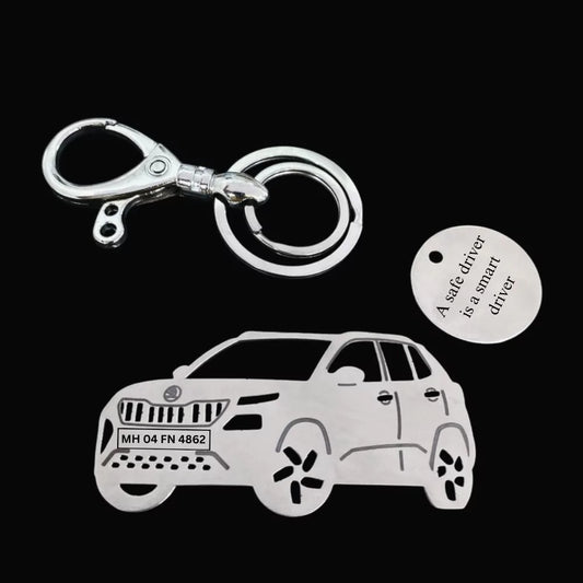 Personalized Skoda Kylaq sideview keychain with custom name engraving, premium stainless steel