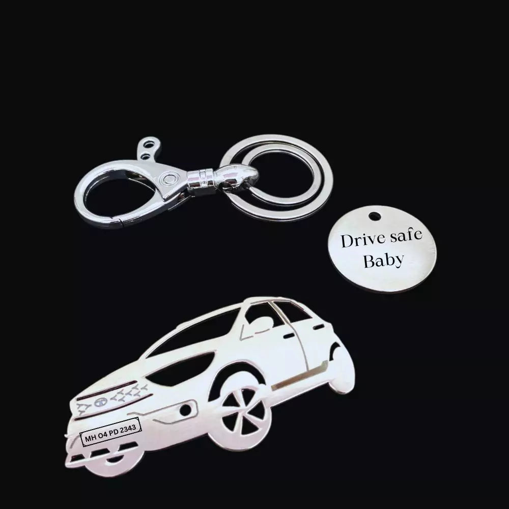 Tata Tiago NRG personalized keychain in stainless steel with name engraving