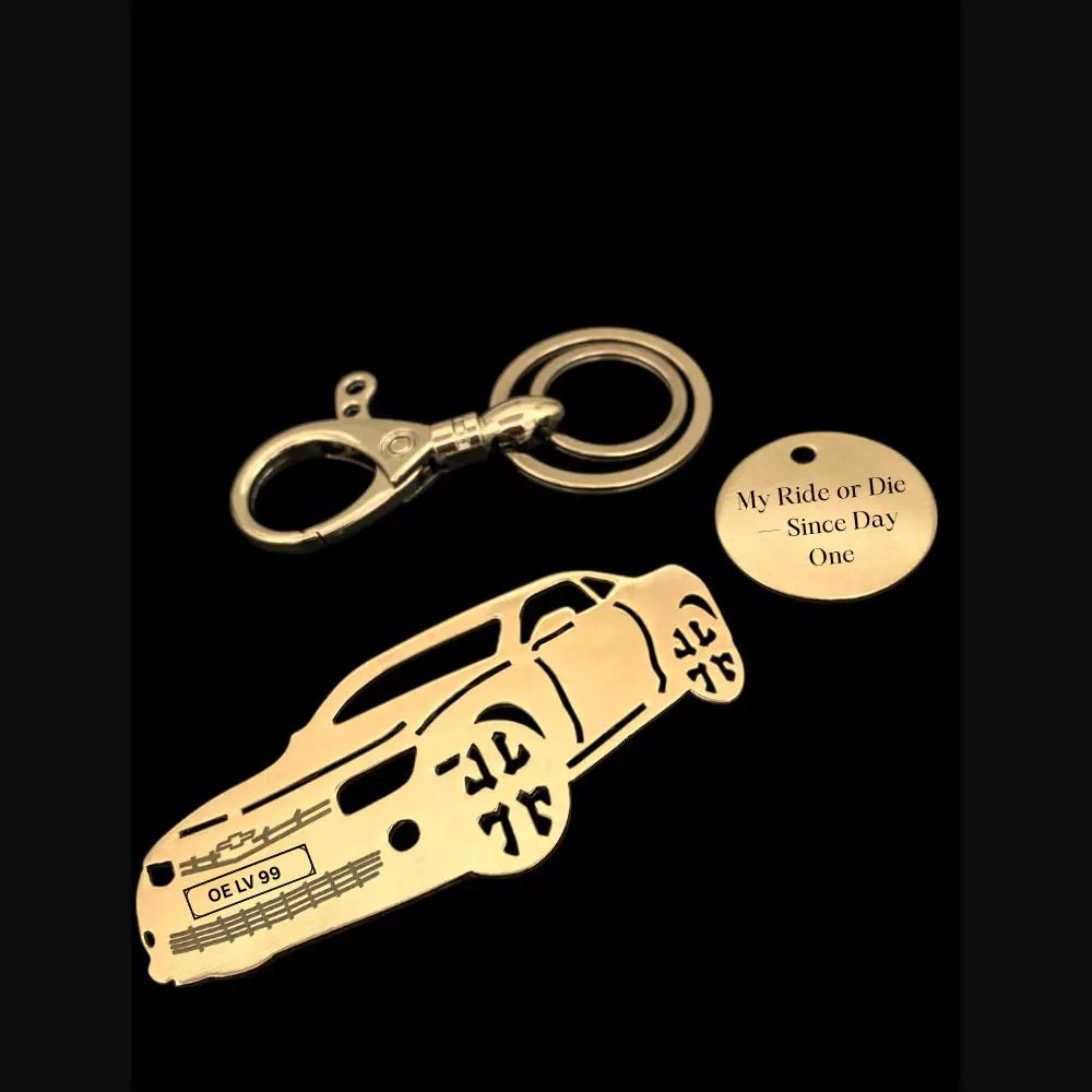 Gold Chevrolet Camaro keychain with custom number plate for car lovers