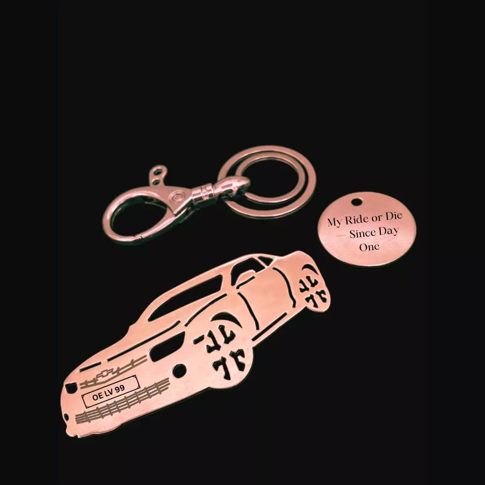 Rose gold Camaro muscle car keychain with custom details