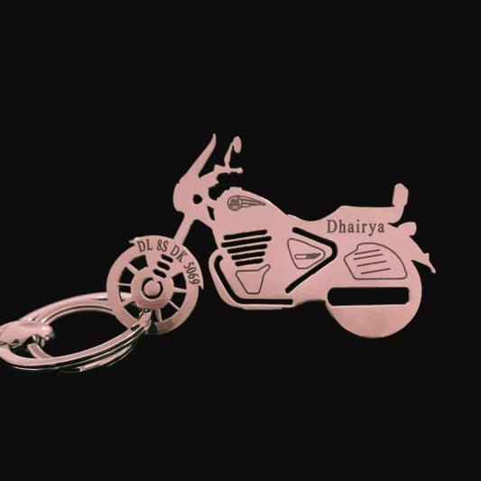 Personalized Royal Enfield Super Meteor 650 keychain with heartfelt name engraving