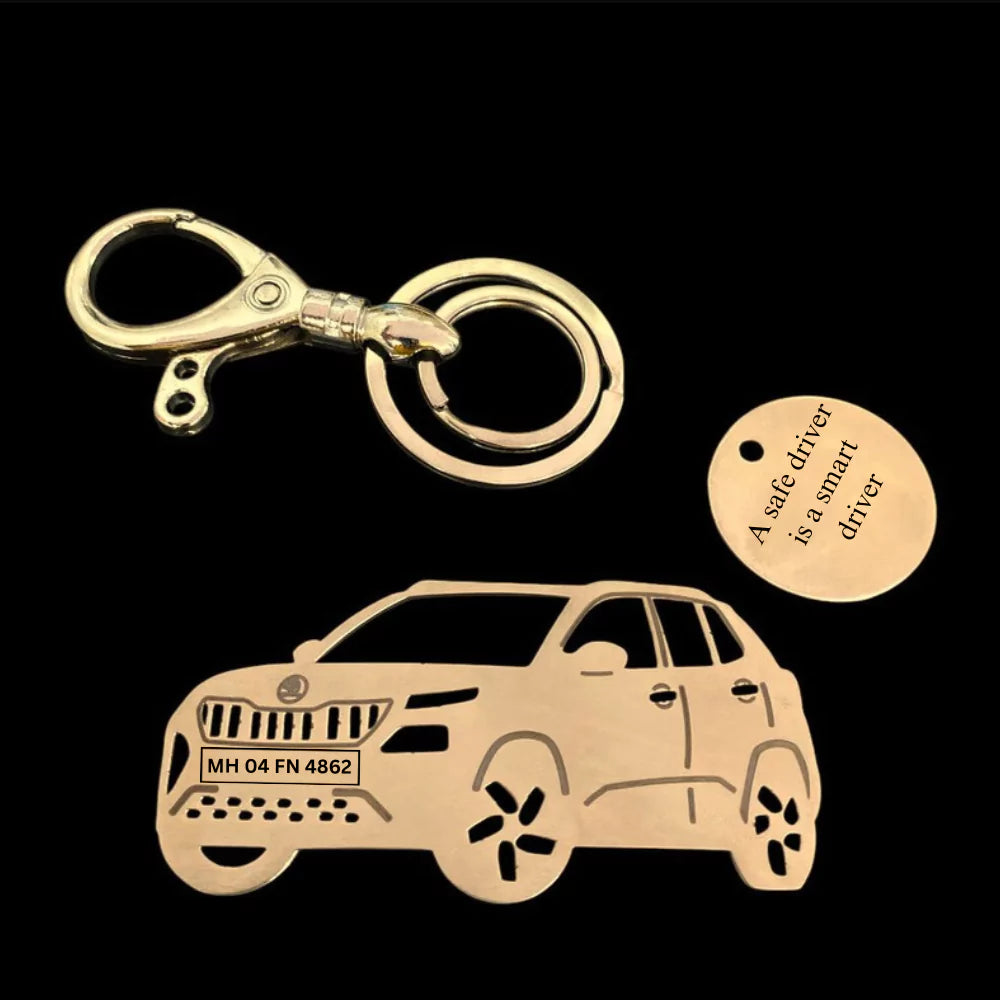 Custom Skoda Kylaq keychain, laser-cut side profile, perfect gift for SUV lovers