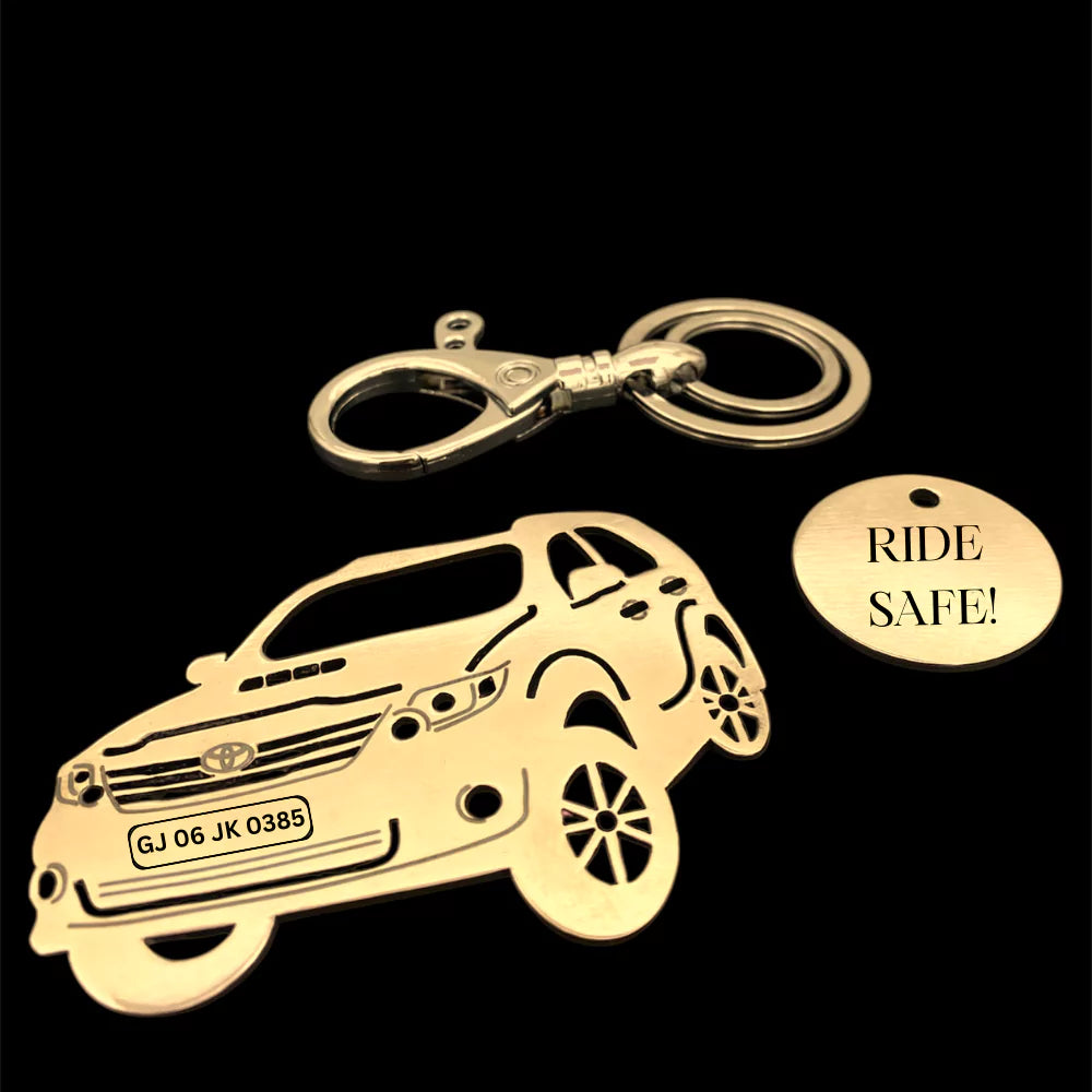 Gold Toyota Fortuner 2015 personalized keychain with custom number plate