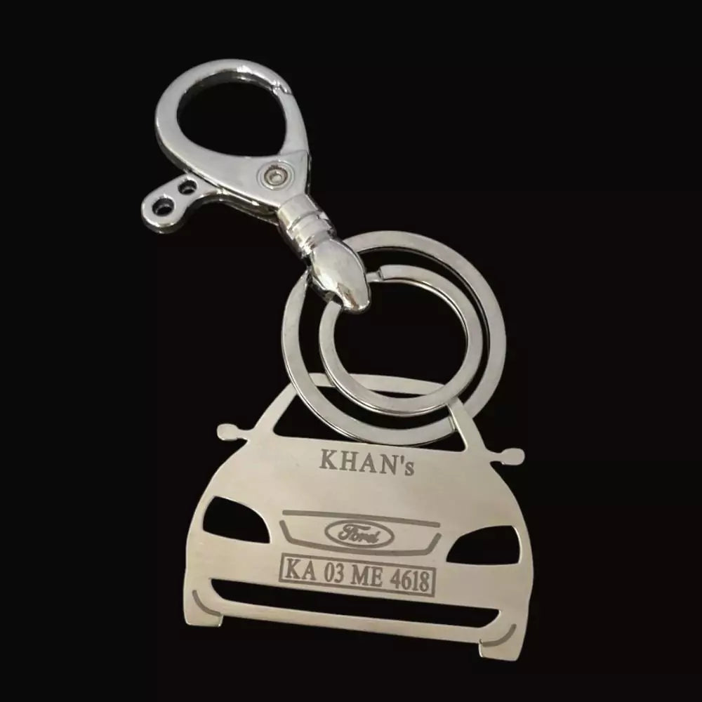 Personalized Ford Ikon sideview keychain with custom name engraving, premium stainless steel