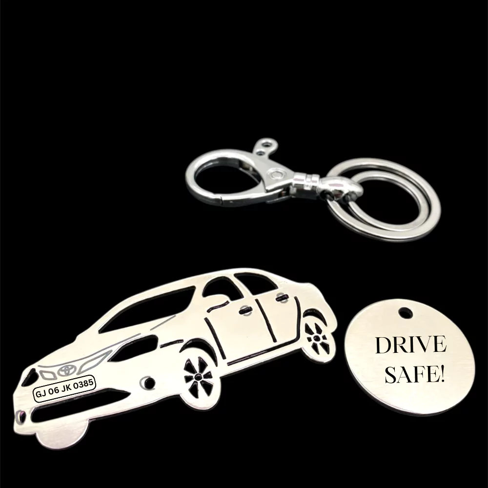 Custom gold Toyota Etios keychain with number plate personalization