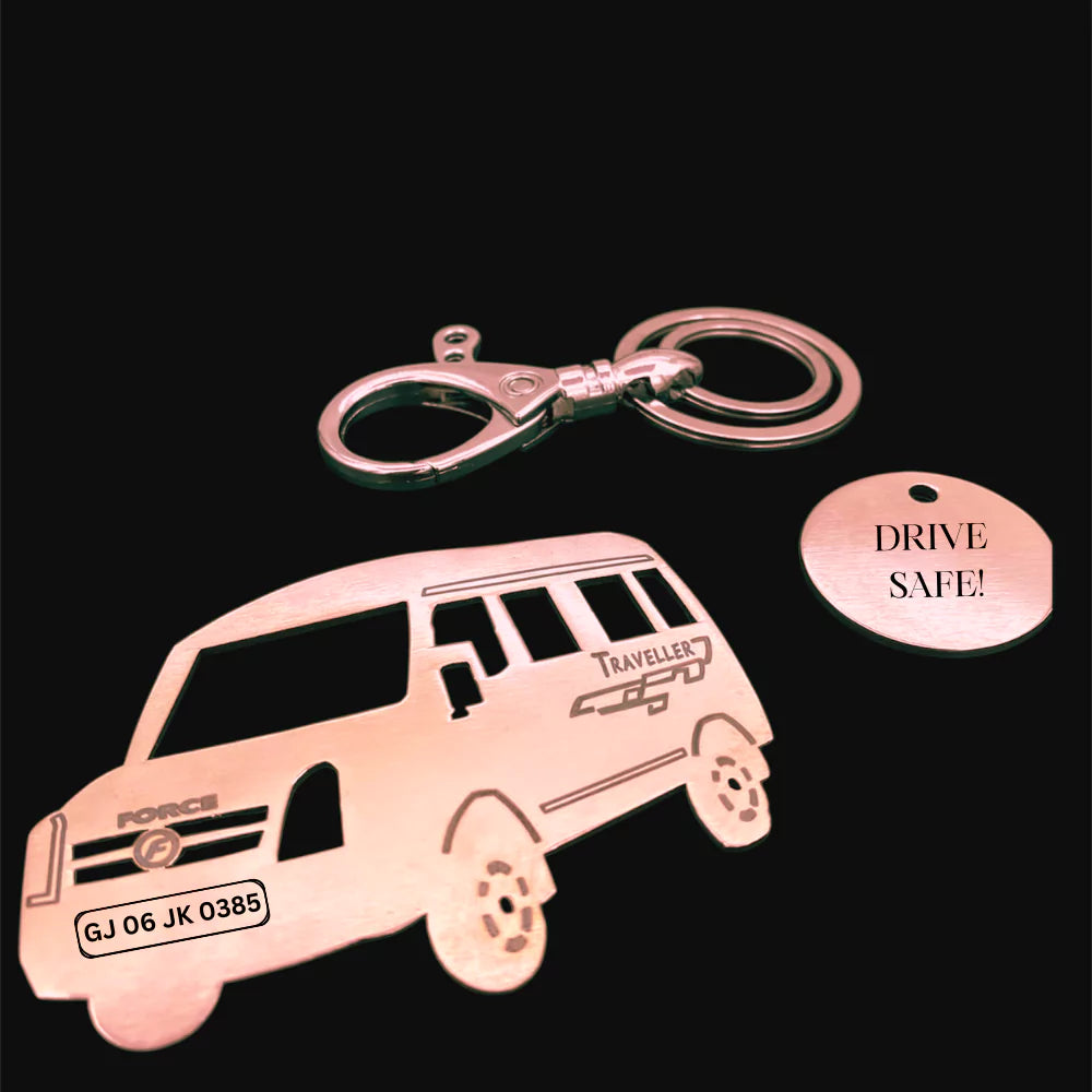 Rose gold personalized keychain for Tempo Traveller drivers and owners