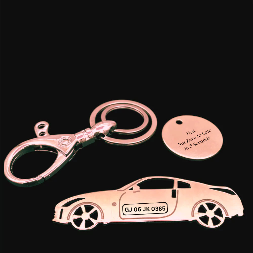 Rose gold Nissan 350Z silhouette keychain for car lovers and racers