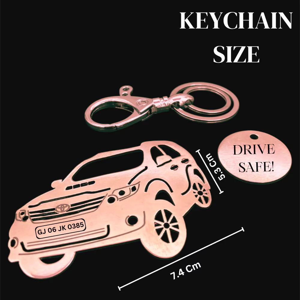 Custom engraved Toyota Fortuner 2015 keychain in silver, gold, and rose gold