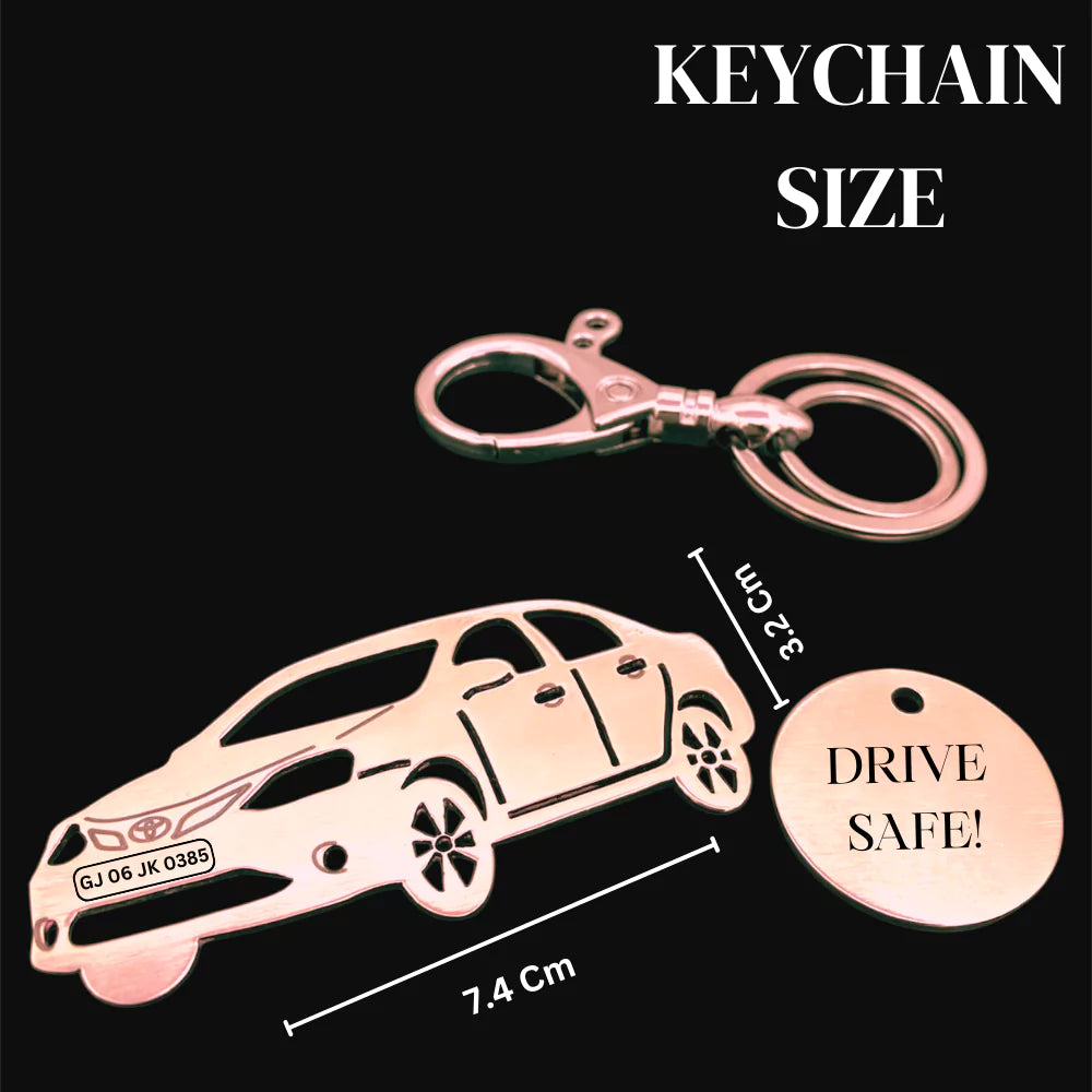 Sideview Toyota Etios silhouette keychain in silver, gold, and rose gold
