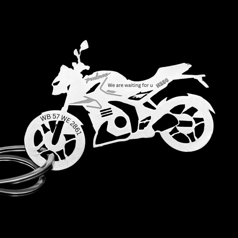 Custom engraved Bajaj Pulsar N250 keychain with personalized name and motorcycle number plate design
