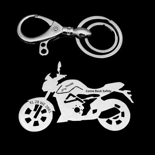Personalized Benelli 2025 metal keychain with custom name and bike number plate engraving