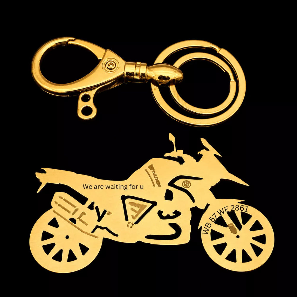 Custom BMW R 1250 GS Adventure (GSA) keychain attached to motorcycle keys, perfect accessory for adventure bike riders
