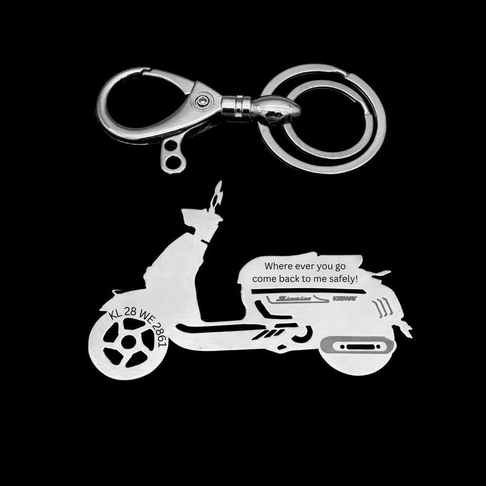 Personalized Keeway Sixties 300i keychain available in Silver, Gold, and Rose Gold premium finishes