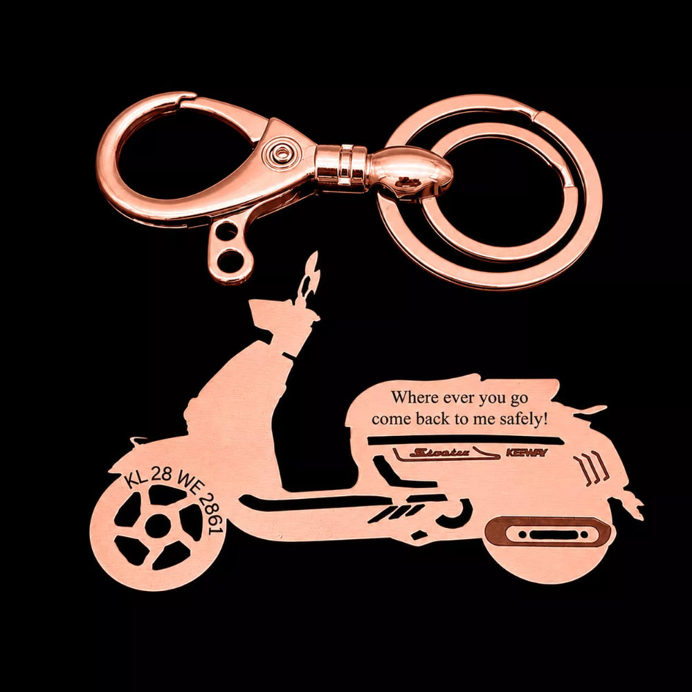 Custom engraved Keeway Sixties 300i keychain with personalized name and scooter number plate design