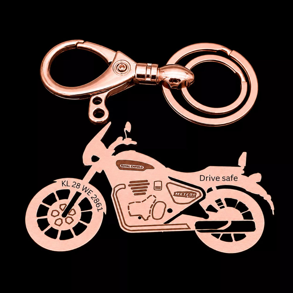 Personalized Royal Enfield Meteor 350 Supernova keychain available in Silver, Gold, and Rose Gold premium finishes