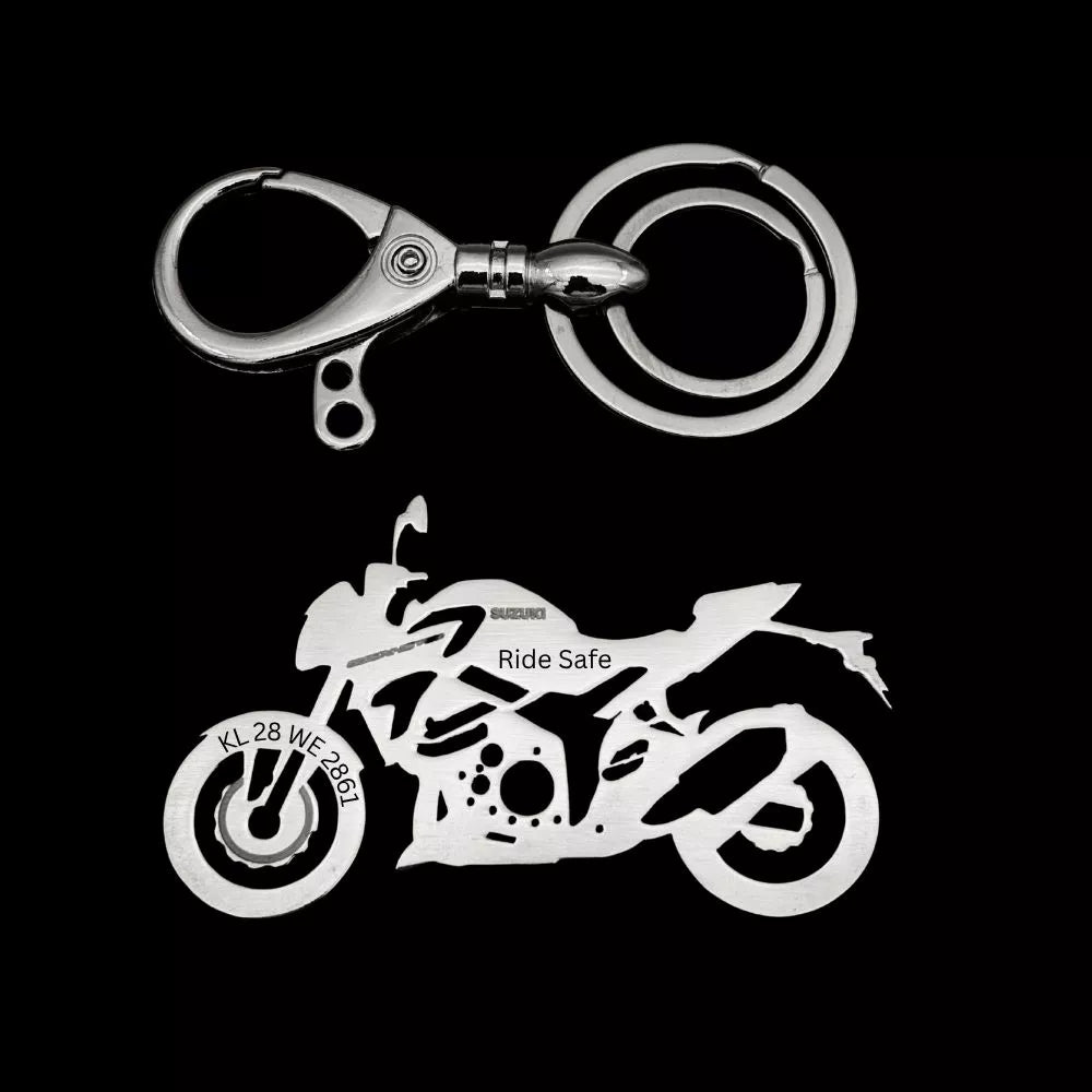 Personalized Suzuki GSX-S750 keychain available in Silver, Gold, and Rose Gold premium finishes