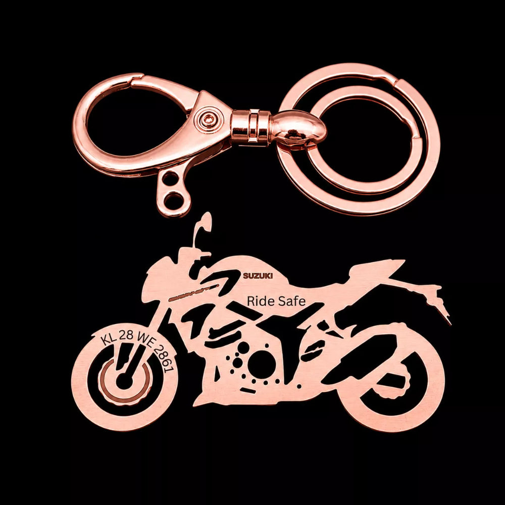 Custom engraved Suzuki GSX-S750 keychain with personalized name and motorcycle number plate design