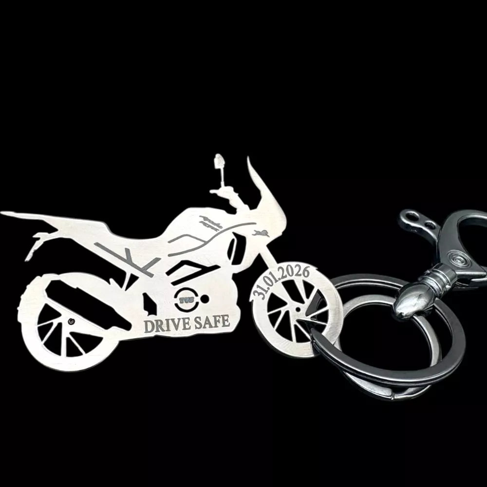 custom TVS Apache RTX bike keychain with engraved name stainless steel number plate design