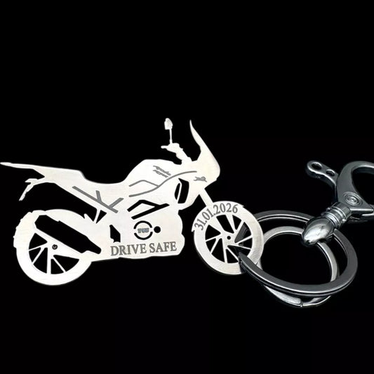 custom TVS Apache RTX bike keychain with engraved name stainless steel number plate design