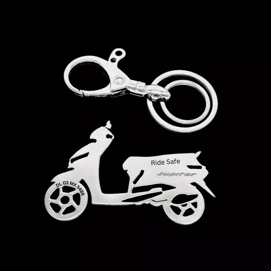 personalized TVS Jupiter 110 keychain with name and number plate design stainless steel