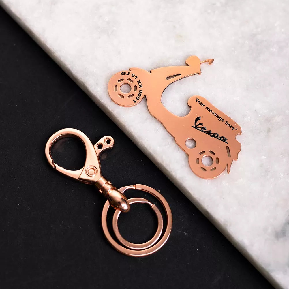Vespa scooter engraved metal keychain in stainless steel and brass