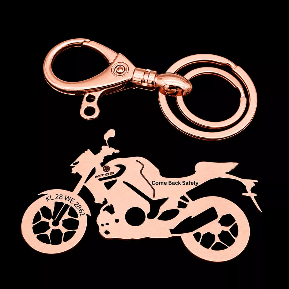 Personalized Yamaha MT-03 keychain available in Silver, Gold, and Rose Gold premium finishes