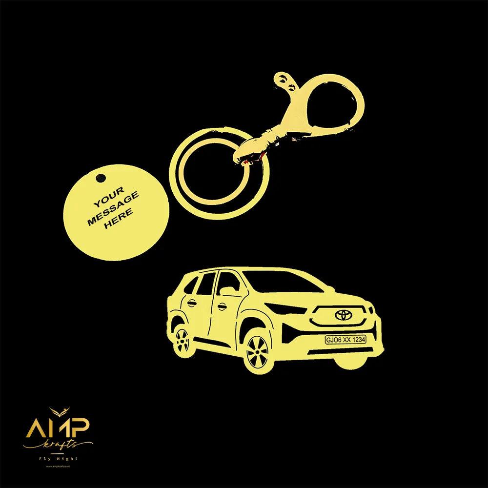 Gold finish Toyota Innova Hycross keychain, brass base with laser engraving, premium car accessory gift